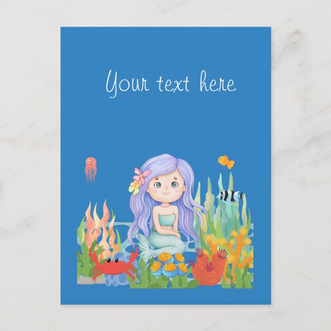 Vacker PURPURFÄRGAT HÅR sjöjungfru som leker i hav Vykort (Framsida)