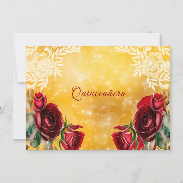 Vacker Quinceanera röda rosor spets och guld Inbjudningar (Framsida)