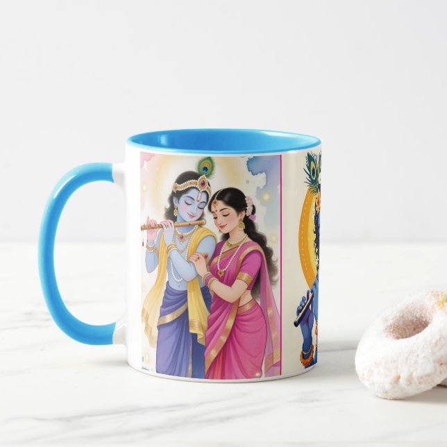 Vacker Radha Krishna blå accent kaffemugg  (Med munk)