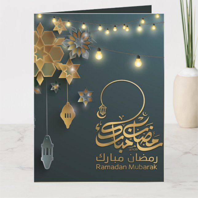 Vacker Ramzan Mubarak Golden & Blue Typography Kort (Framsida)
