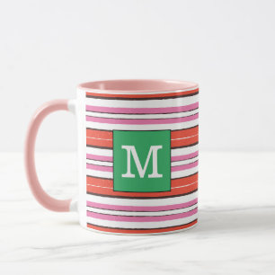 Vacker randig mönster Monogram l Rosa l Grön Mugg