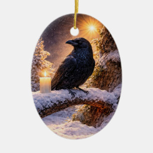 Vacker Raven-ljus i snö Yule Solstånd Julgransprydnad Keramik