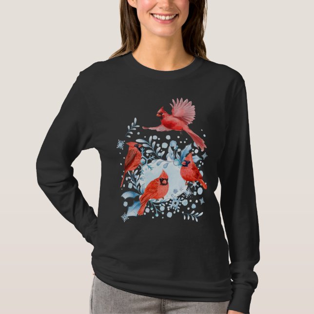 Vacker Red Cardinal Birds Winter Scene Christma T Shirt (Framsida)