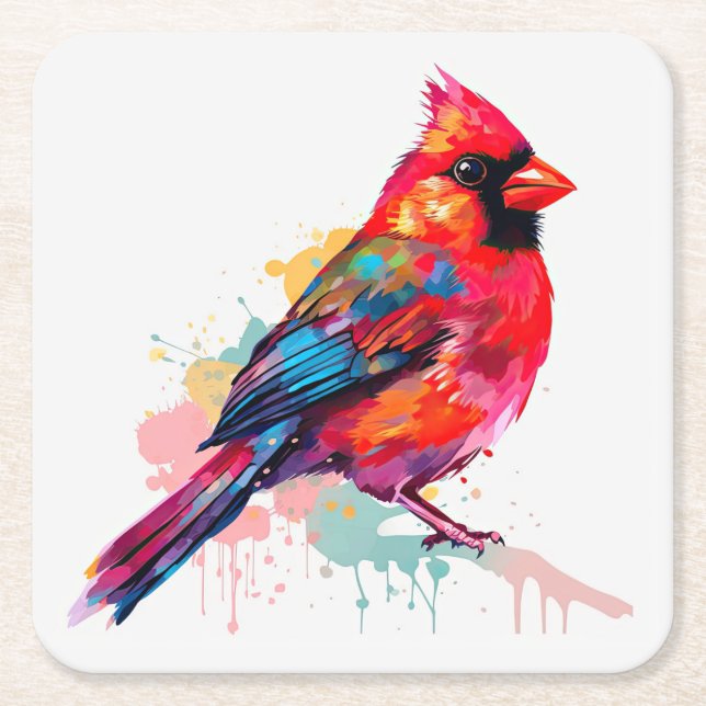 Vacker Red Cardinal Watercolor Sketch Underlägg Papper Kvadrat (Framsidan)