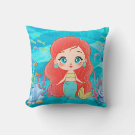 Vacker RED HAIR-sjöjungfru som leker i havet Kudde