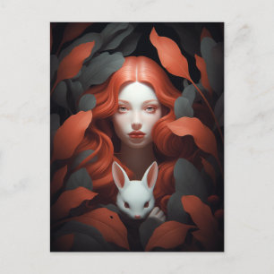 Vacker Red Hjärd Girl Holding A Bunny Vykort