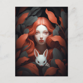 Vacker Red Hjärd Girl Holding A Bunny Vykort