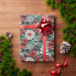 Vacker Red White och Grönt 3D Poinsettias Presentpapper