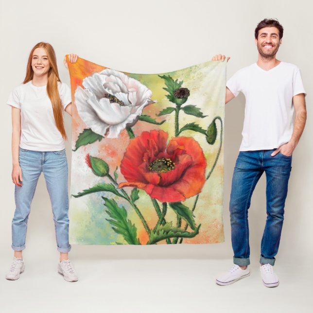 Vacker Red White Poppy Fleece Blanket (På plats)