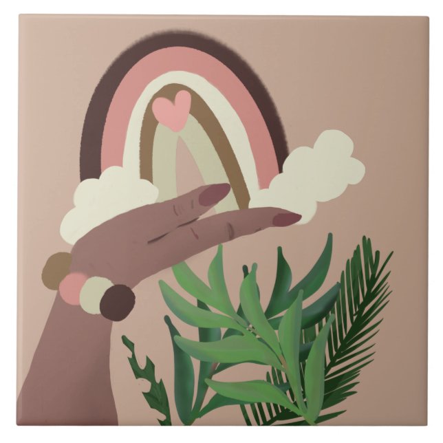 Vacker regnbåge naturlig grönska feminina händer kakelplatta (Framsidan)