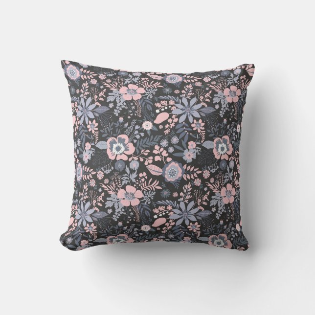 Vacker retro blå pastellblommig mönster kudde (Framsida)