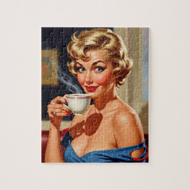 Vacker retro-kvinna med en kopp kaffe pussel (Vertikal)