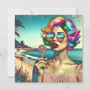 Vacker Retro Pop Art Kvinna med Lollipop