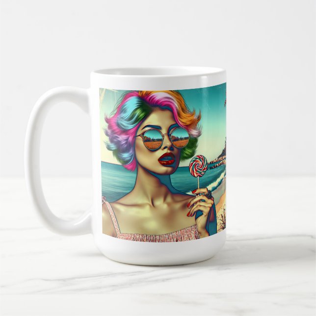 Vacker Retro Pop Art Kvinna med Lollipop Kaffemugg (Vänster)