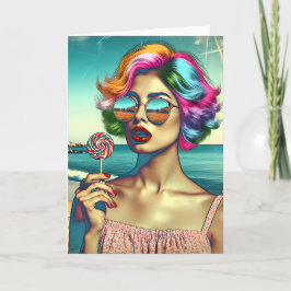 Vacker Retro Pop Art Kvinna med Lollipop Kort