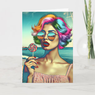 Vacker Retro Pop Art Kvinna med Lollipop Kort