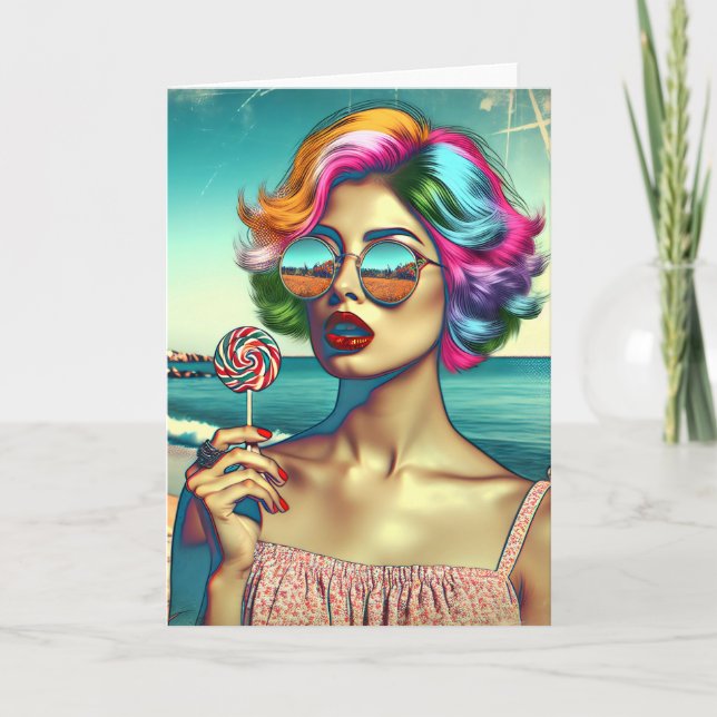 Vacker Retro Pop Art Kvinna med Lollipop Kort (Framsida)