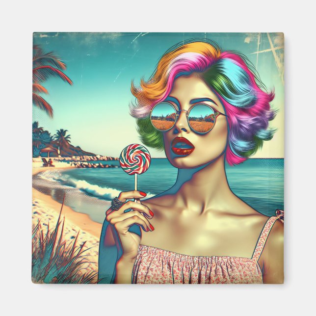 Vacker Retro Pop Art Kvinna med Lollipop Magnet (Framsidan)