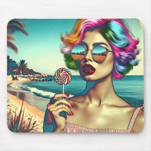 Vacker Retro Pop Art Kvinna med Lollipop Musmatta (Framsidan)