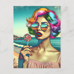 Vacker Retro Pop Art Kvinna med Lollipop Vykort