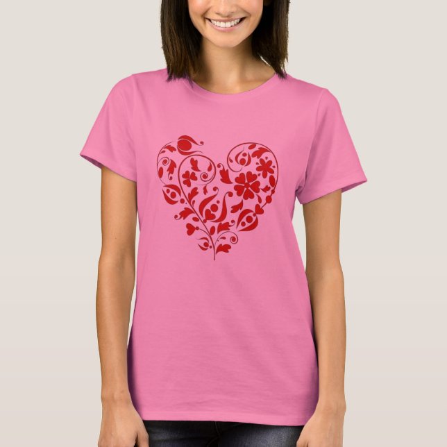 Vacker röd Blommigt Heart Valentindagen T-shirt (Framsida)