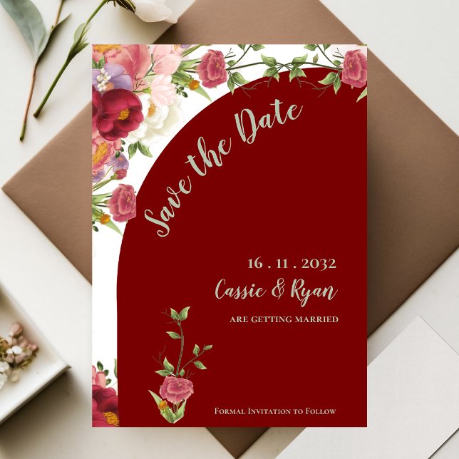 Vacker röd blomsterbåge vigsel kalla till datumet (Pretty Red Floral Arch Wedding Save the Date Invitation )