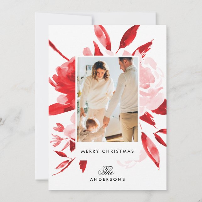 Vacker röd blomsterjul firande fotokort julkort (Framsida)