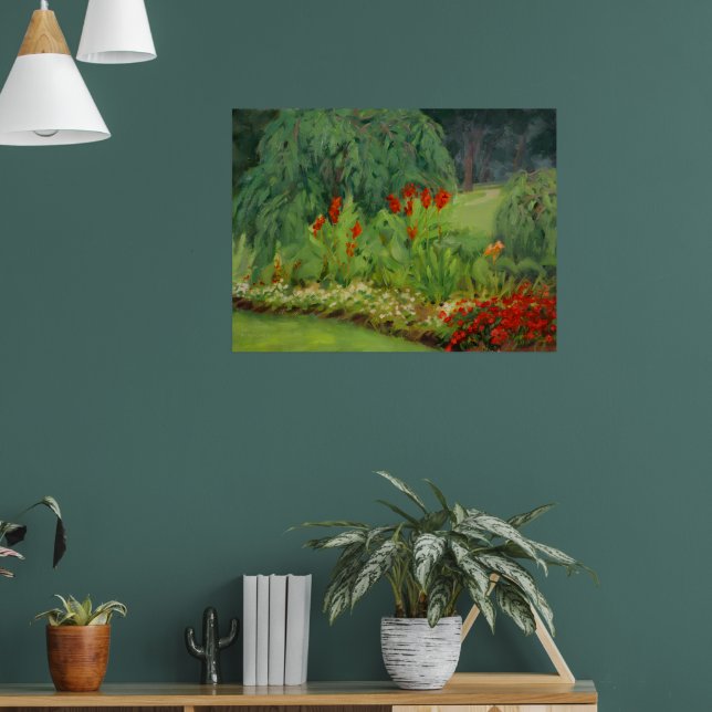 Vacker röd grön blomsterparksscen poster (Vardagsrum 1)