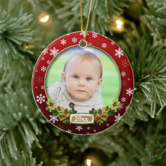 Vacker (röd) julrams för foto julgransprydnad keramik (Träd)