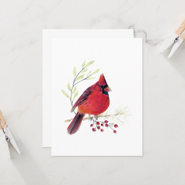 Vacker röd kardinalanteckningskort (Beautiful Red Cardinal Watercolor Colored Pencil Blank Note Cards from Jenn Steffen Art)
