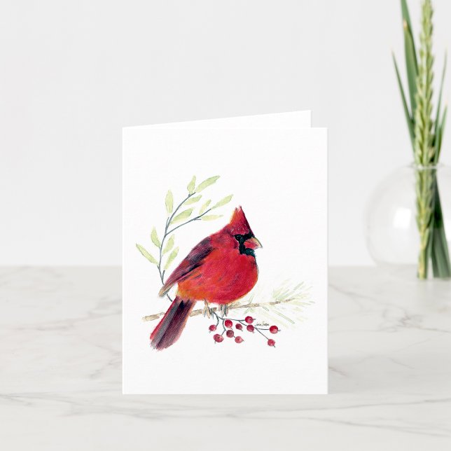 Vacker röd kardinalanteckningskort anteckningskort (Beautiful Red Cardinal Berries Watercolor Blank Note Card by Jenn Steffen Art)