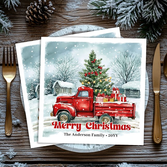 Vacker röd lastbil jul scen rustik servett set (Lovely red truck Christmas scene rustic napkin set)