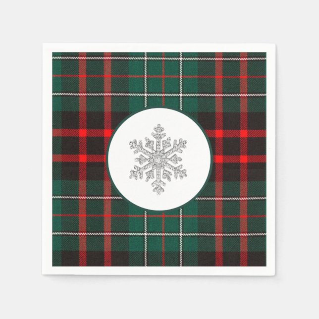 Vacker röd och grön julrutig snöflinga   pappersservett (Framsidan)