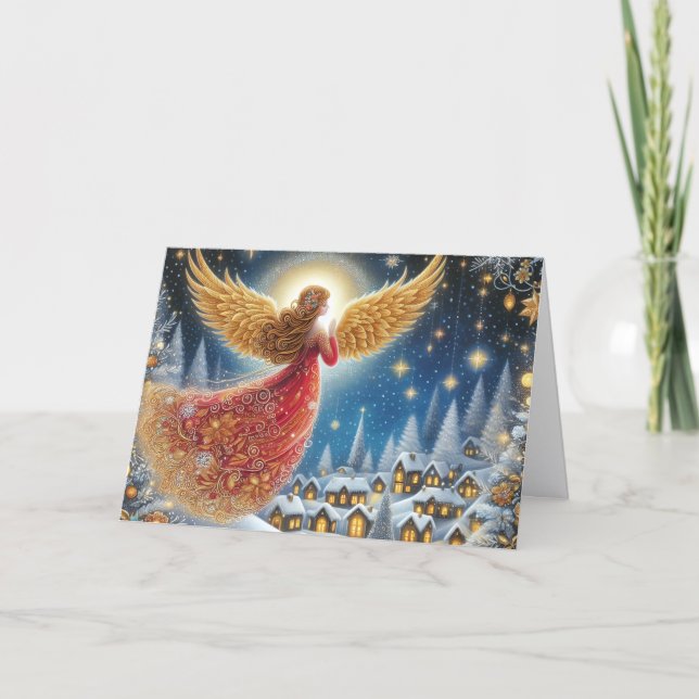 Vacker röd och guld ängel jul helgkort (Framsida)