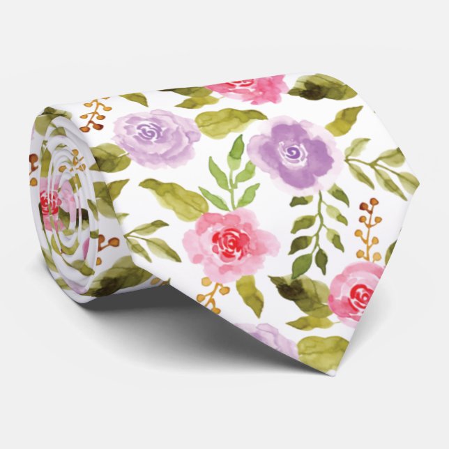 Vacker röd och lila akvarell blomster mönster slips (Rullad)