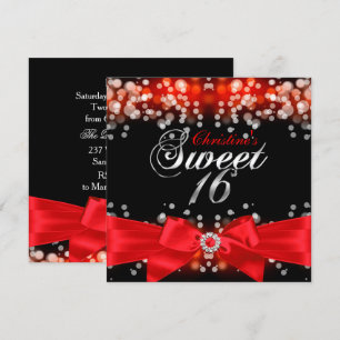 Vacker röd rosett & gnistrande Sweet Sixteen-inbju Inbjudningar