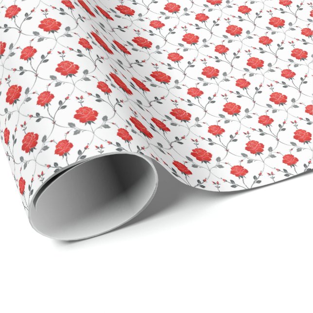 Vacker röd rosor och rosenknoppar inpackningspappe presentpapper (Rullad Hörn)