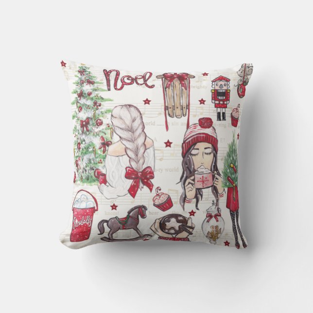 Vacker röd vattenfärgad julhand målad kudde (Framsida)