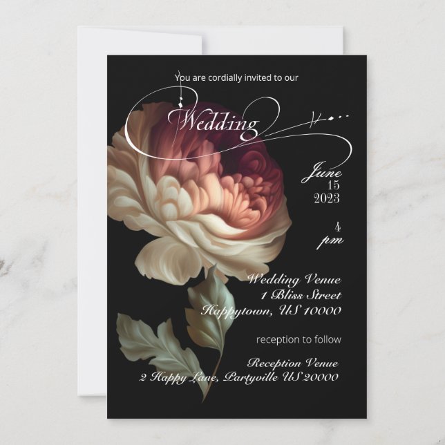 Vacker romantisk gammaldags målad rosa blomma  inbjudningar (Baksida)