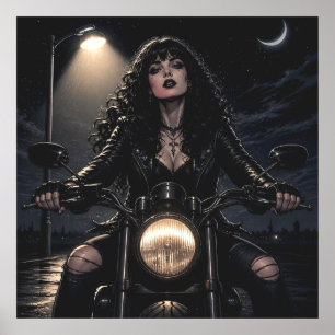 Vacker romantisk gotisk kvinna på motorcykel poster