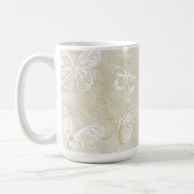 Vacker Romantisk Kräm Ivory Fjärilar Hjärtan   Kaffemugg (Vänster)