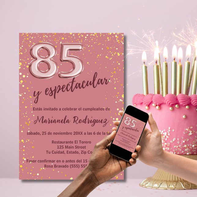 Vacker Ros Rosa Guld 85-årsdag Spanska Inbjudningar (Skapare uppladdad)