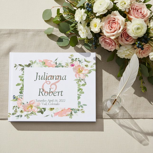 Vacker rosa akvarell blommande bröllop gästbok (Skapare uppladdad)