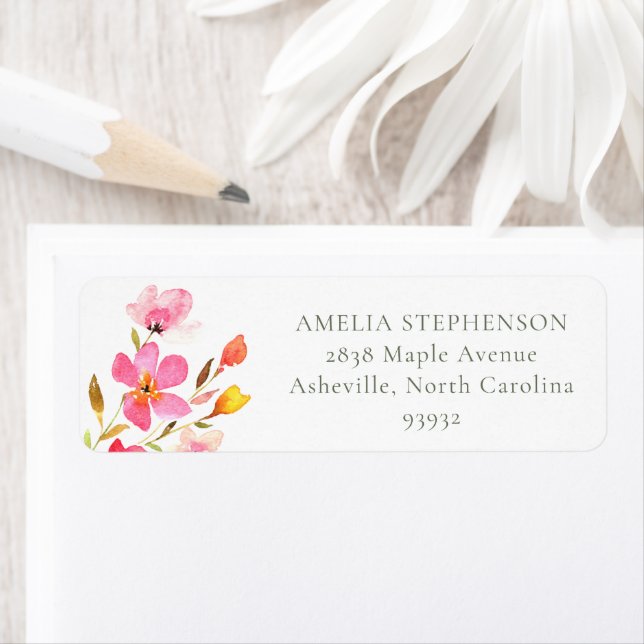 Vacker rosa akvarellblomma returadress etikett (Insitu)
