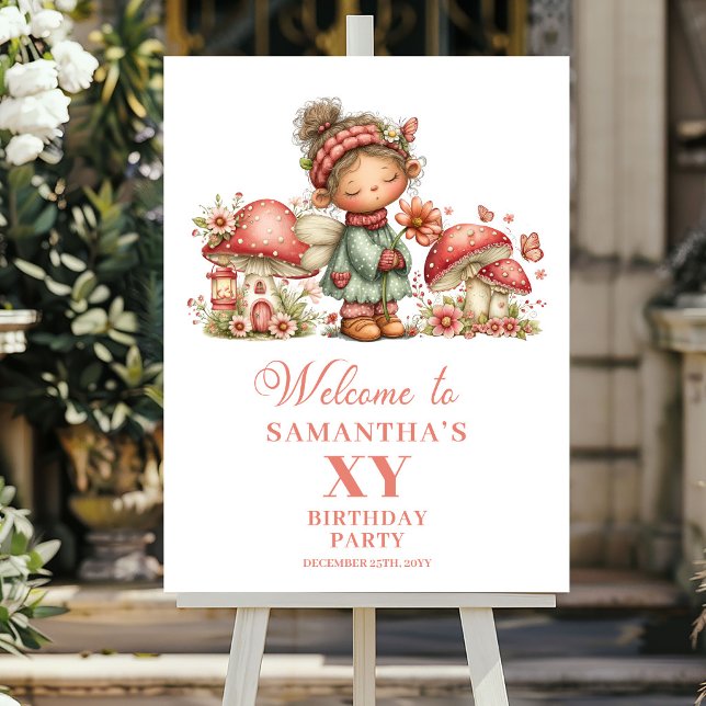 Vacker Rosa Änglablommig Födelsedags Välkomstskylt Poster (Lovely Pink Fairy Floral Birthday Welcome Sign)