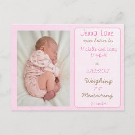 Vacker Rosa Bebis Flicka Födelse Annonserings Post Meddelande Vykort