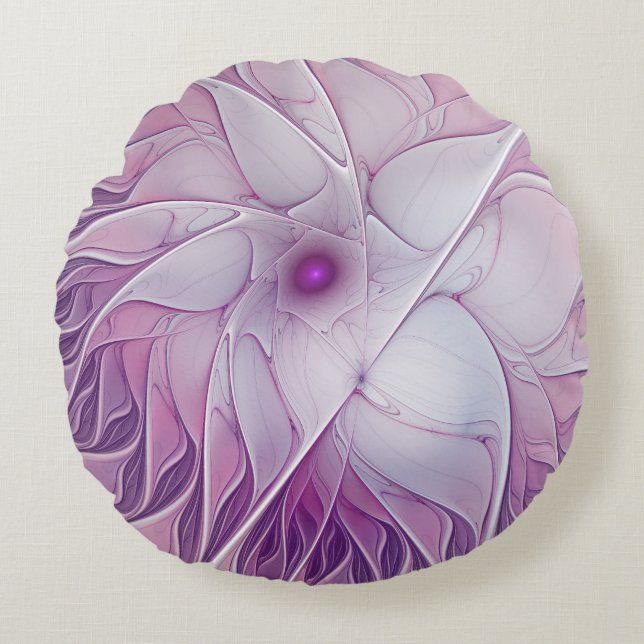 Vacker rosa blomma modern abstrakt fraktal konst rund kudde (Framsidan)