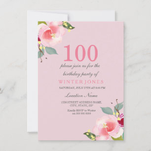 Vacker rosa blommig 100-års födelsedagsfest inbjud inbjudningar