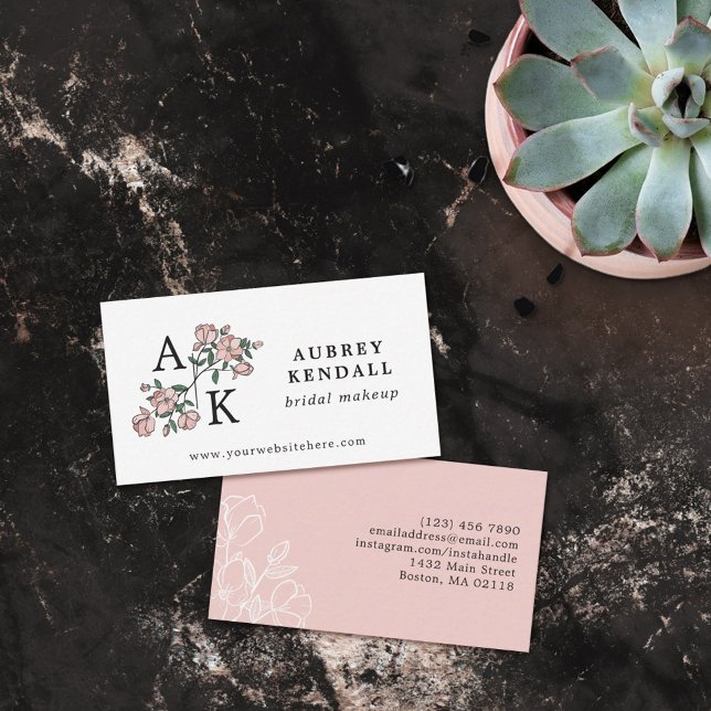 Vacker Rosa Blommig 2 Initialer Monogram Visitkort (Skapare uppladdad)