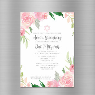 Vacker Rosa Blommig Bat Mitzvah-fest Magnetisk Inbjudningskort